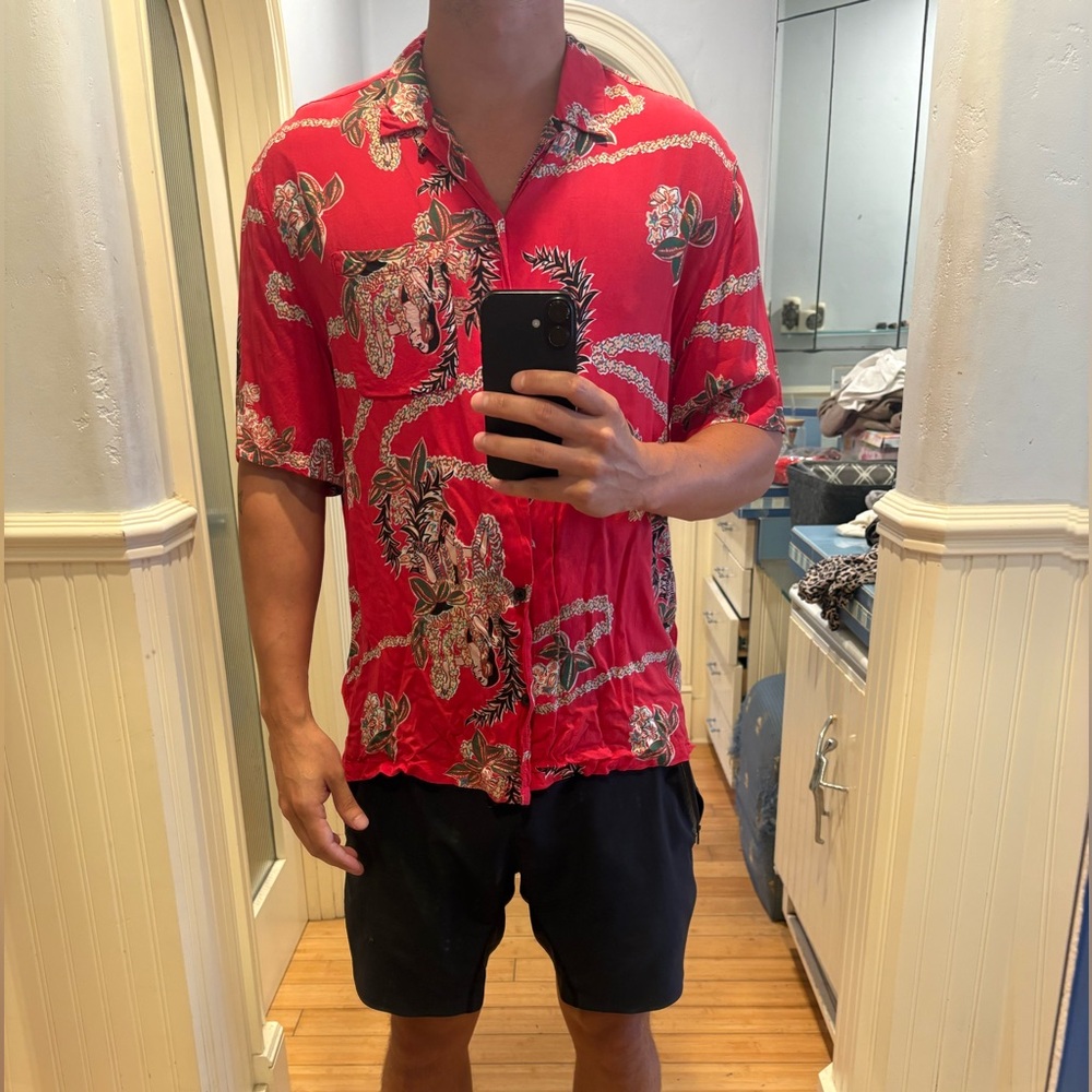 All Saints Red Floral Casual Button Down Shirt